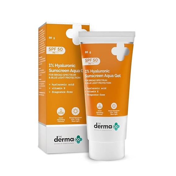 The Derma Co 1% Hyaluronic Sunscreen SPF 50 Aqua Gel - 80g, PA++++, Lightweight, No white-cast for Broad Spectrum & Blue Light Protection for Oily and Dry Skin 1