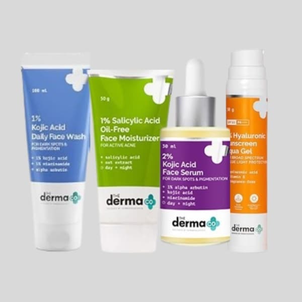 The Derma co Combo Pack Kojic facewash, Moisturizer, Kojic Face serum and HuluronicSunscreen Sets, for Dark spots, acnee, and Pigmentations.