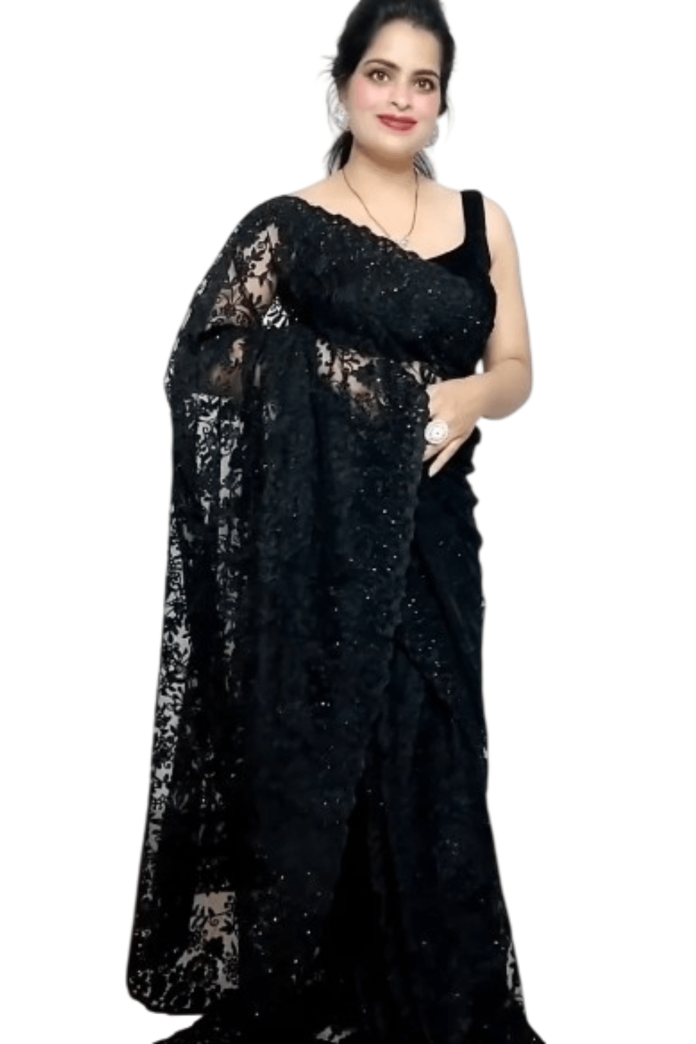Black Saree Black Self Design Bollywood Net Saree with Blouse 1