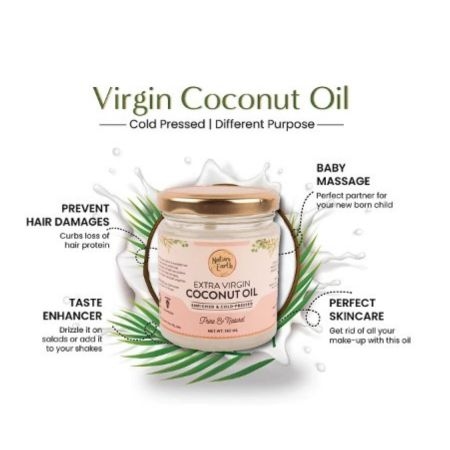 Naturo Earth Organic Cold Pressed Extra Virgin Coconut Oil, 180 ml, For Body & Hair Masaging, and tanning legs skin. 2