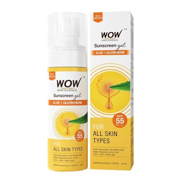 WOW Skin Science Sunscreen Gel, SPF 55 PA++++ 100 Ml, With Glutathione & Aloe Vera Extract , Lightweight , Quick Absorbing , No White Cast, VA & UVB Protection 1