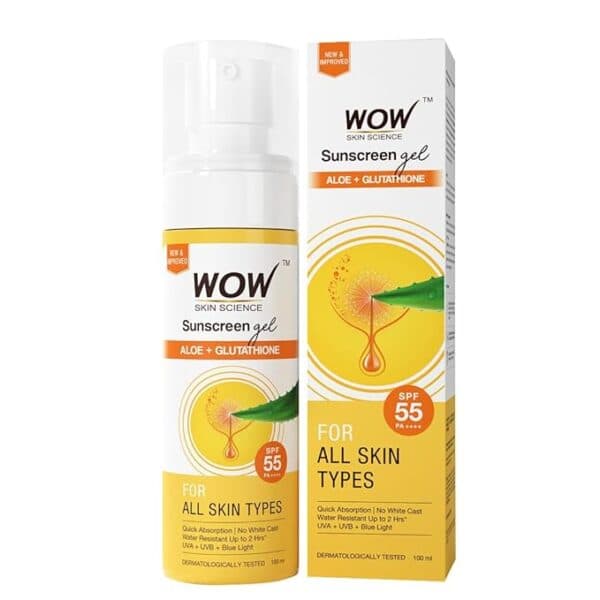 WOW Skin Science Sunscreen Gel, SPF 55 PA++++ 100 Ml, With Glutathione & Aloe Vera Extract , Lightweight , Quick Absorbing , No White Cast, VA & UVB Protection