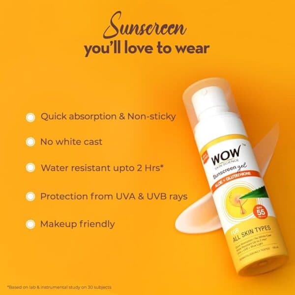 WOW Skin Science Sunscreen Gel, SPF 55 PA++++ 100 Ml, With Glutathione & Aloe Vera Extract , Lightweight , Quick Absorbing , No White Cast, VA & UVB Protection 2