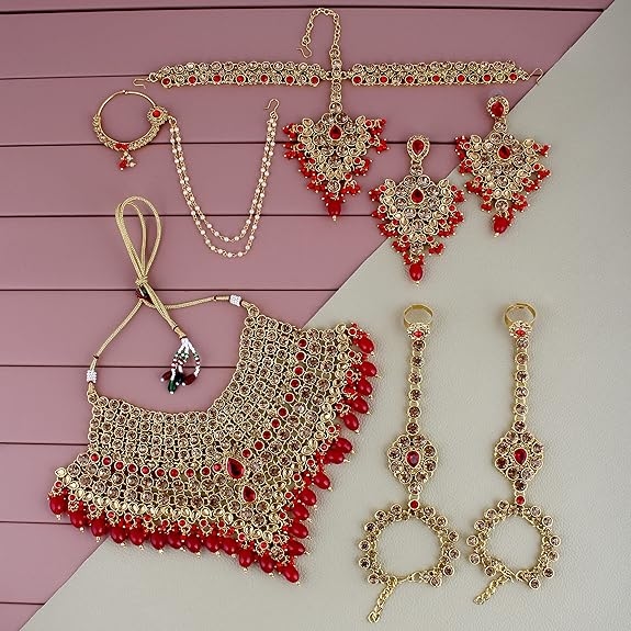 Wedding Designer Gold Plated Dulhan Choker Bridal Set with sheeshpatti for Girls & Women 4