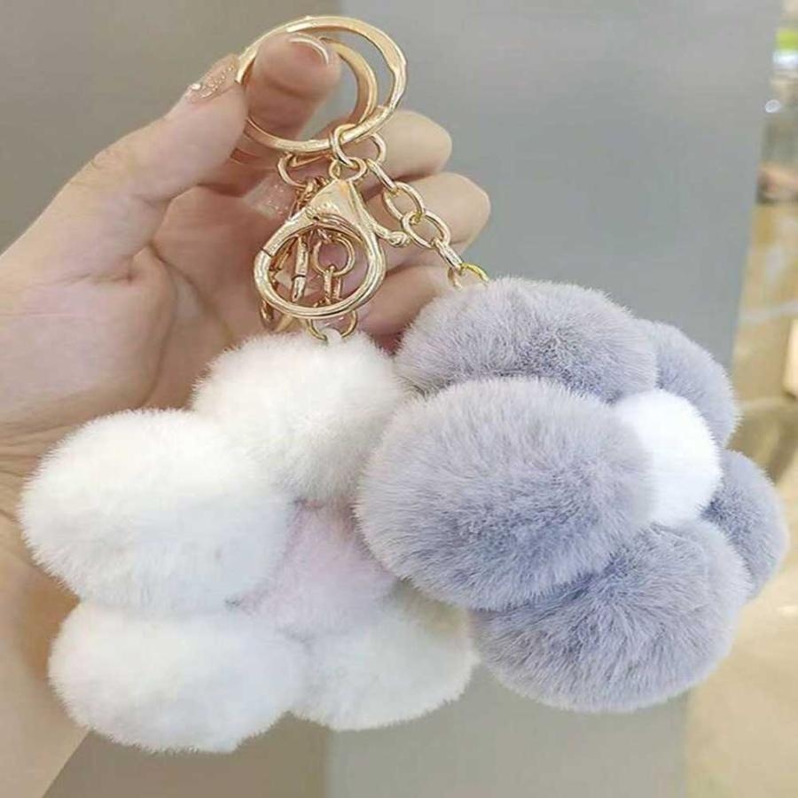 Korean Style Sweet Plush Flower Keychain Faux Fur Pom-Pom Bag Charm and Keyring Accessory for Girls and Women 5