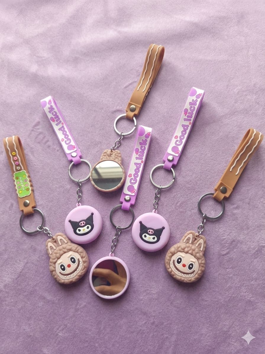 Kawaii Sanrio Kuromi & Labubu Pocket Mirror Keychain Combo Cute Cartoon Keyring Bag Pendan 2