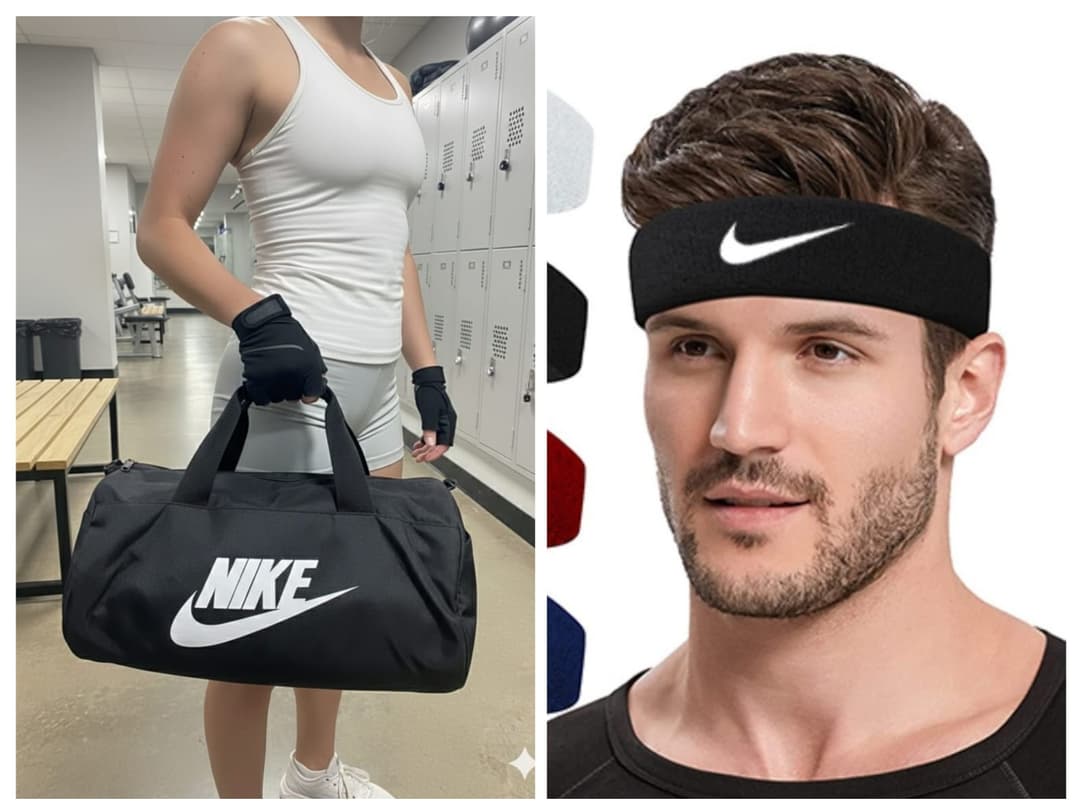 Nike Style Gym Fitness Kit – Waterproof Sports Duffle Bag & Athletic Cotton Sweatband Headband Combo Set (2 Pcs)