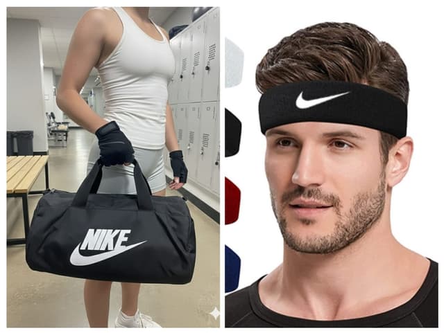 Nike Style Gym Fitness Kit – Waterproof Sports Duffle Bag & Athletic Cotton Sweatband Headband Combo Set (2 Pcs)