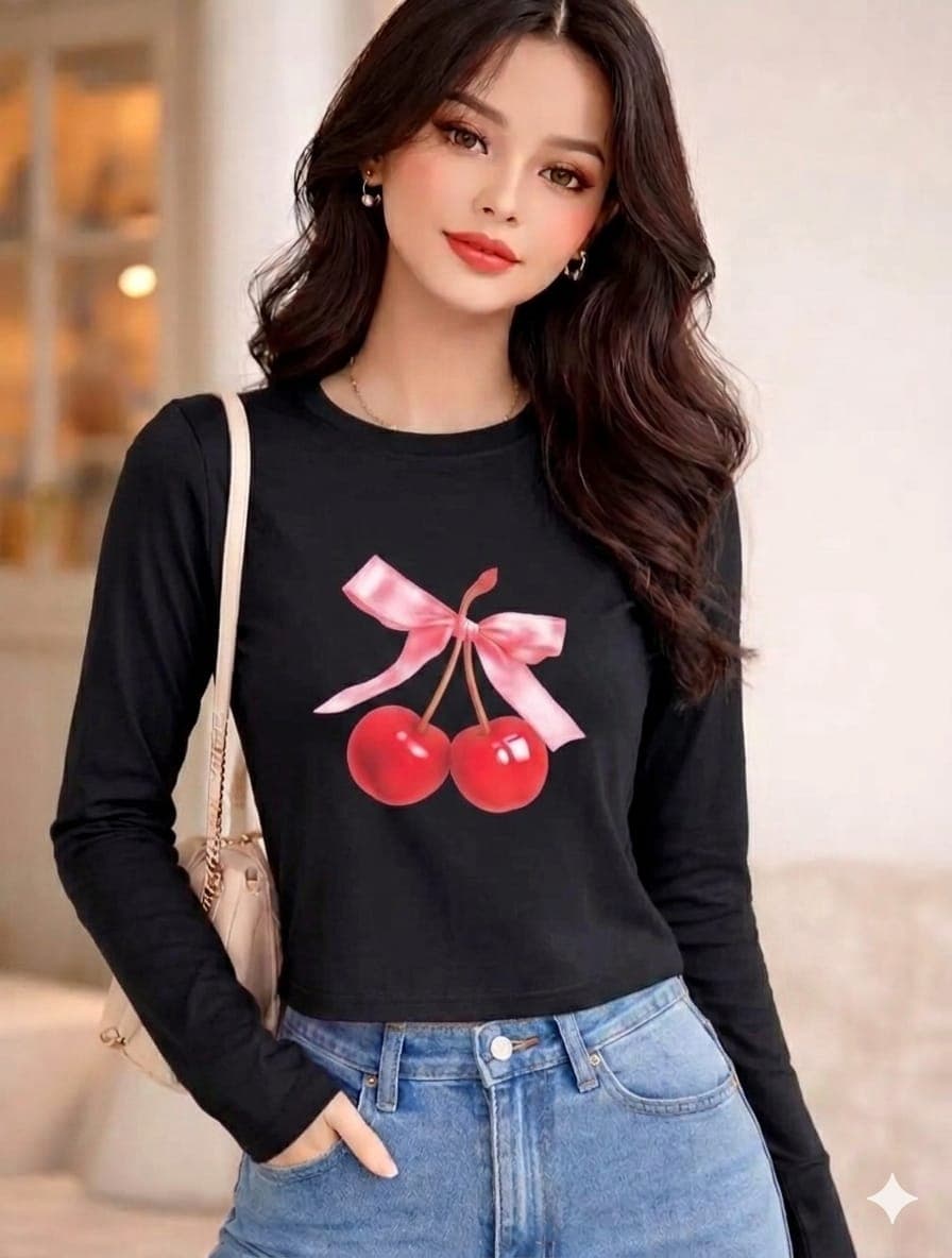 Long sleeve cherry Crop top 2