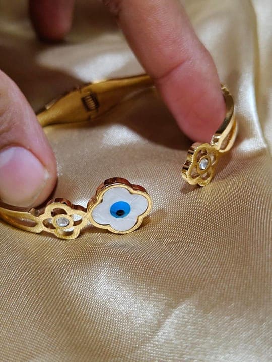 Korean Style Evil Eye Flower Bracelet - Gold Toned Stainless Steel Kada for Girls 4