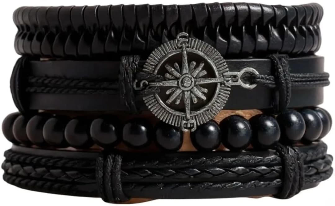 4Pcs/ Set Braided Wrap Leather Bracelets For Men Vintage Life Tree Rudder Charm Wood Beads Ethnic Tribal Wristbands 3