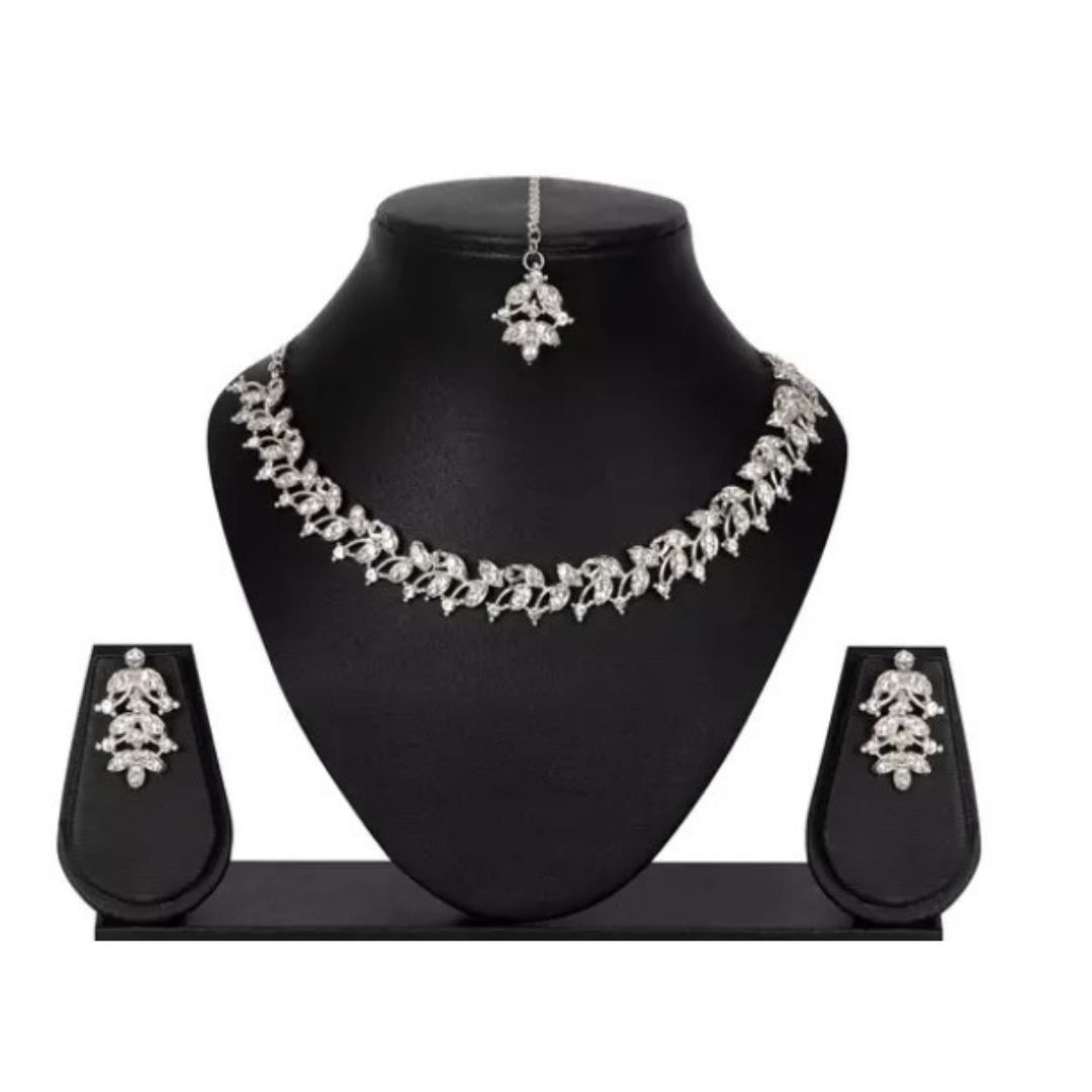 White Silver Jewellary Sets, for women, Necklace + maagtika, and Earring 1