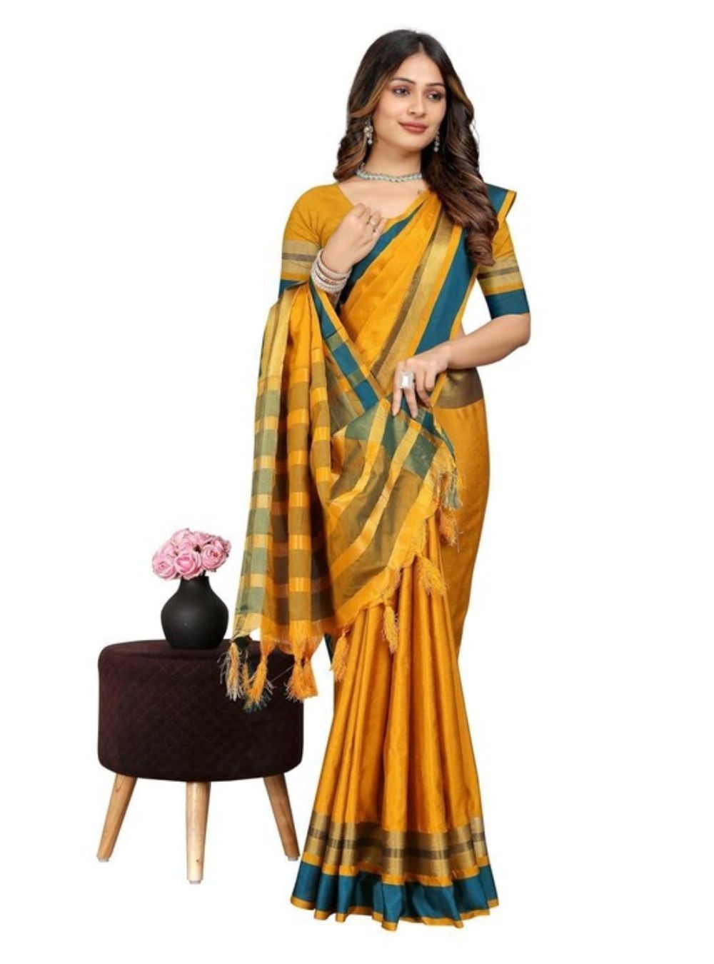 Women's Cotton Blend Saree With Unstitched Blouse Piece Mustard, Chhit looks so Gorgeious 2