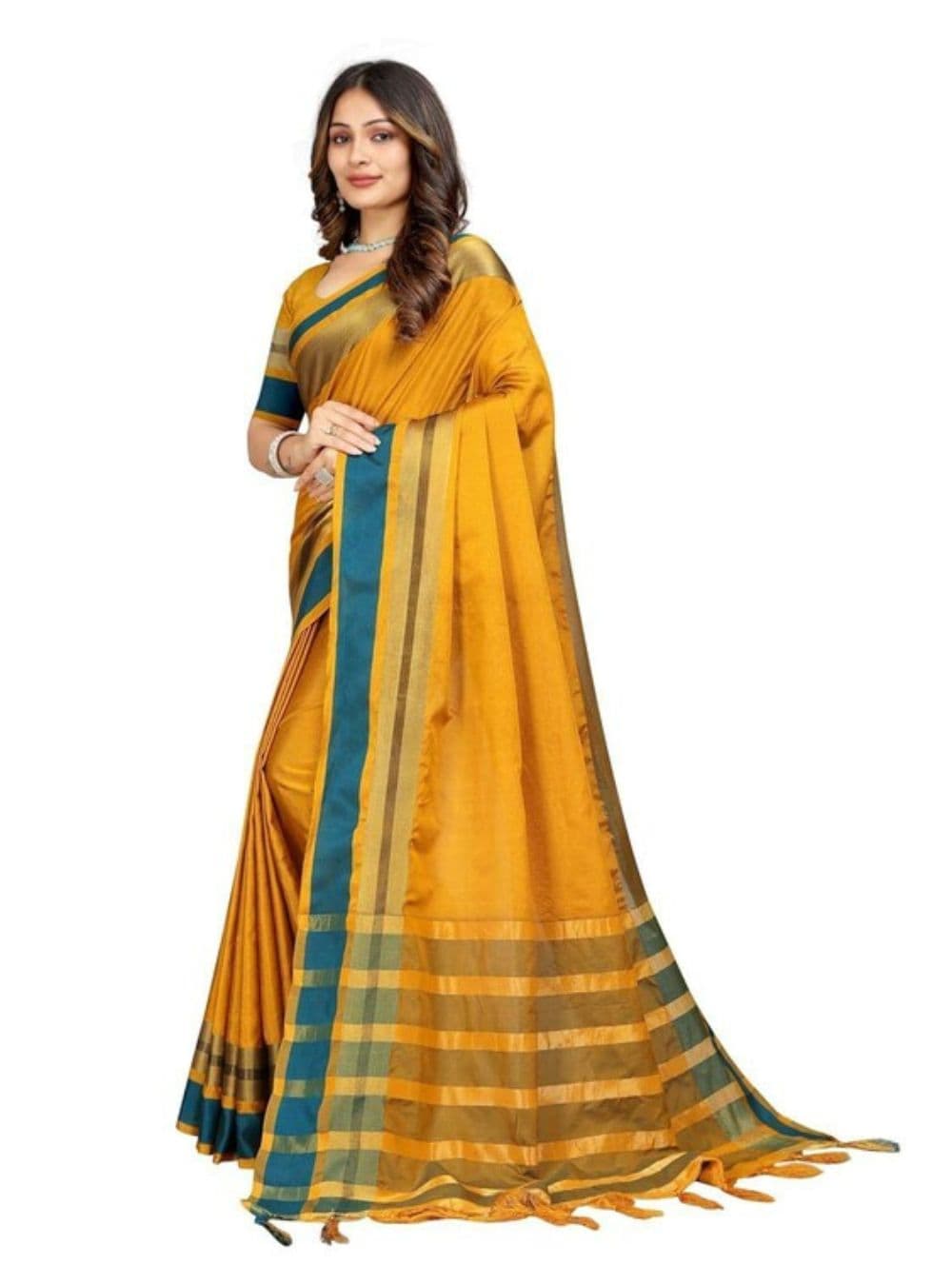 Women's Cotton Blend Saree With Unstitched Blouse Piece Mustard, Chhit looks so Gorgeious