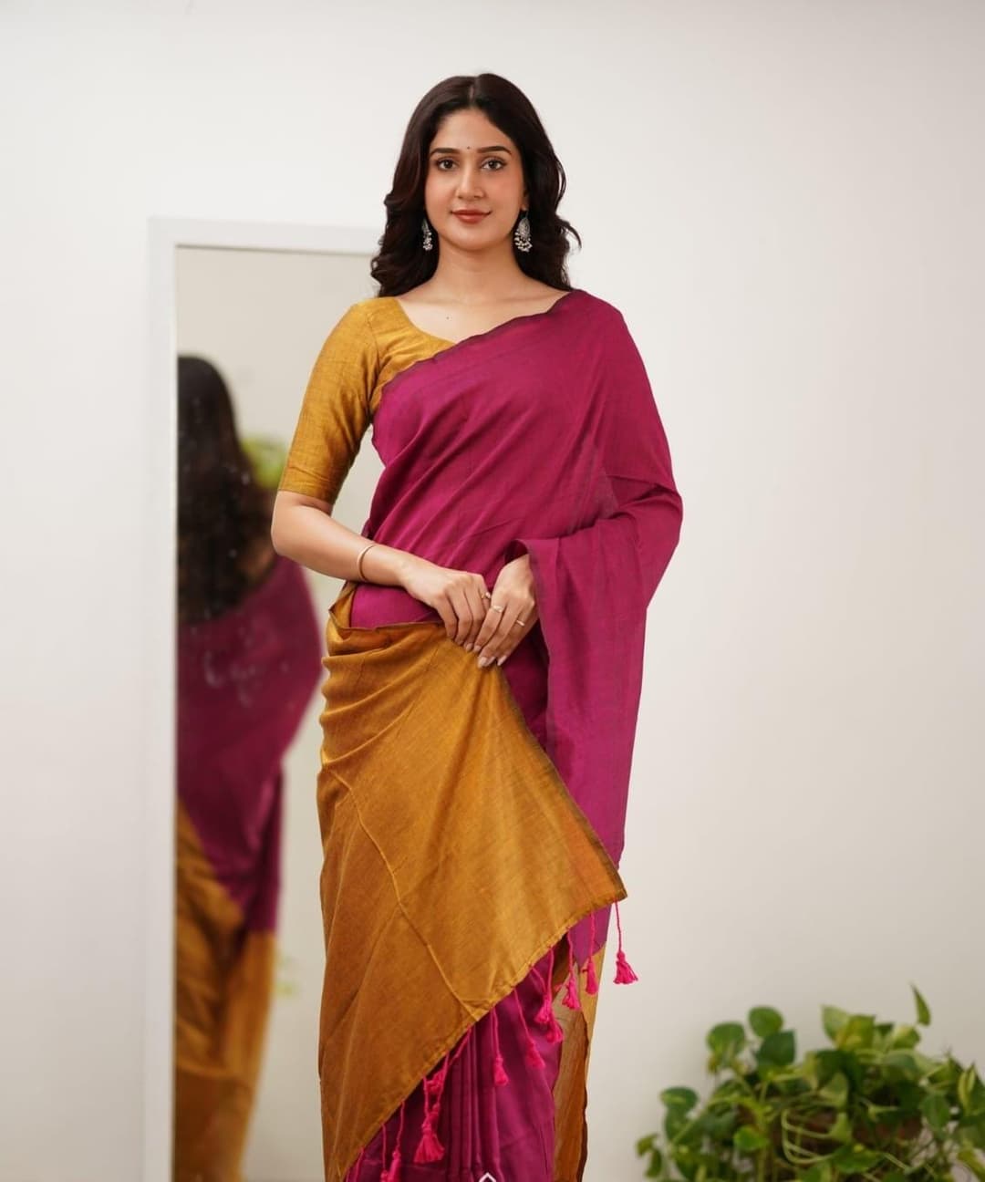 Solid/Plain Kanjivaram Cotton Blend Saree (Pink) 1