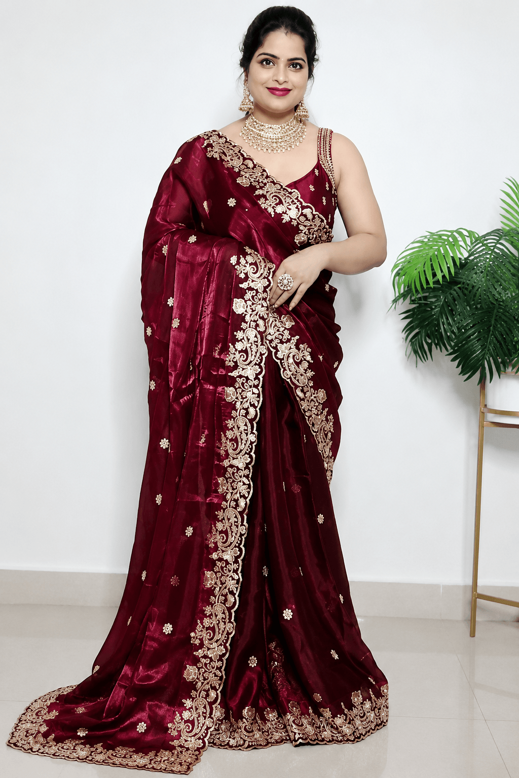 Premium Wine Color Embroidered Party Wear Saree 1
