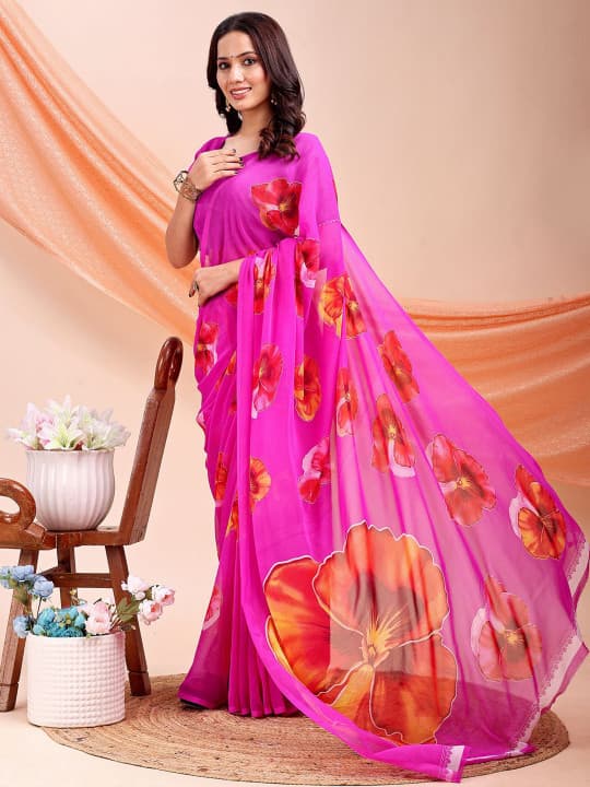 Floral Printed Pure Chiffon Saree 3