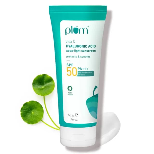 Plum Cica & Hyaluronic Acid Aqua-Light Sunscreen SPF 50 PA+++ | No White Cast, Lightweight, Non-Sticky | Safe, New Generation UV Filters | Dermat-Tested | Blue Light Protection | Sunscreen For Women & Men | 100% Vegan | 50 g