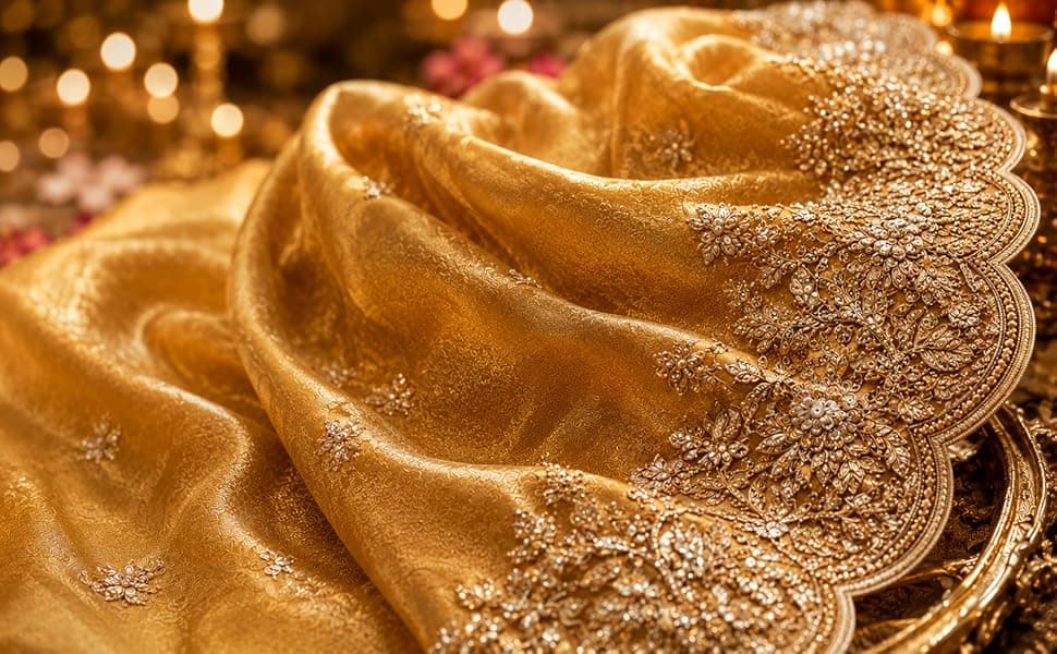 Women's Silk Saree with Embroidered Blouse Piece, Traditional Parte Wear with Gold Border and Hand Work 8