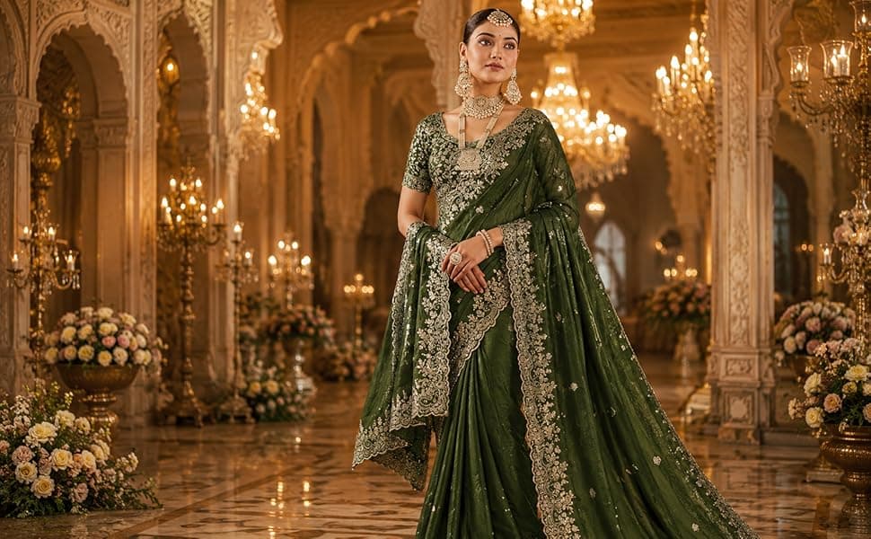 omen's Silk Saree with Embroidered Blouse Piece, Traditional Parte Wear 7