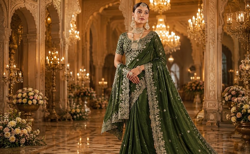 omen's Silk Saree with Embroidered Blouse Piece, Traditional Parte Wear 8
