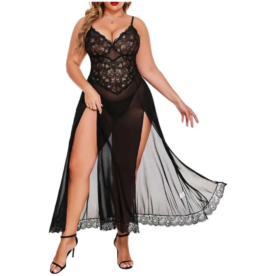 Women Nightdress Maxi Lingerie Lace Babydoll Sleepwear For Honeymoon First Night Bridal Nightdress Free Size Black Color 1