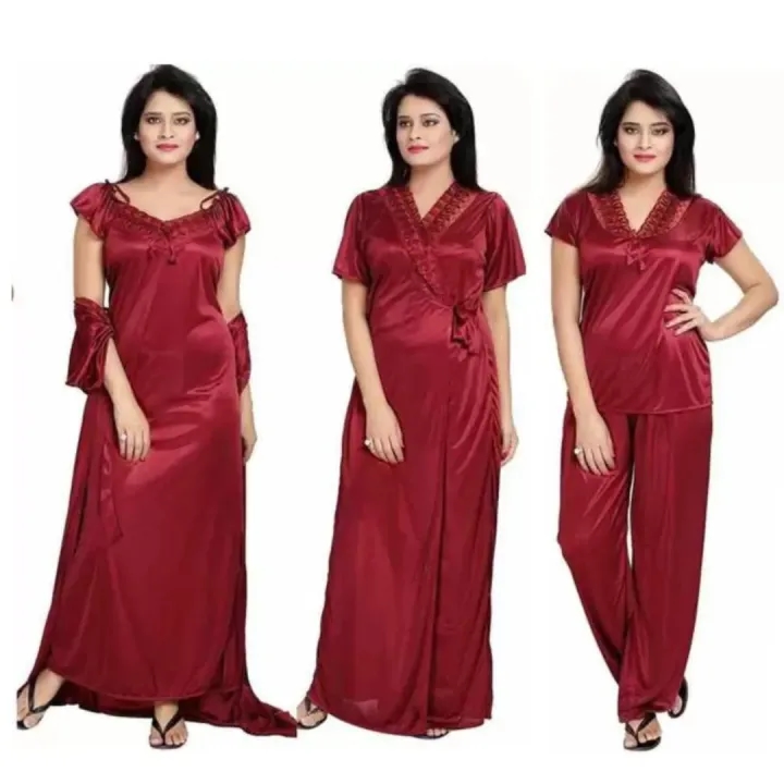 Silk Bridal Nightgown Set Stylish Fancy Bridal Nighty Set For Women Free Size ( mahroon) color 1