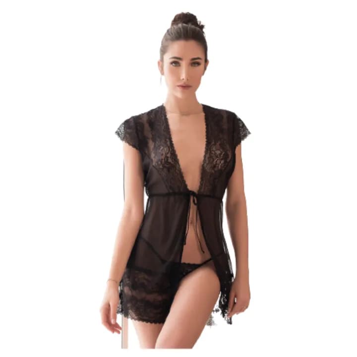 Babydoll Lingerie Above Knee Women Lace Net Floral Nightwear With G String Panty Free Size Black Color