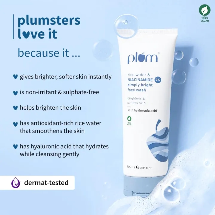 Plum Bright 2% Niacinamide Face Wash with Rice Water Brightens Skin & Fade Blemishes (100 ml) 2