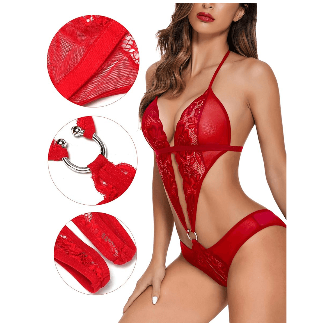 Women Deep V Lingerie Lace Teddy One Piece Babydoll Mini Bodysuit Free Size Red Color 1