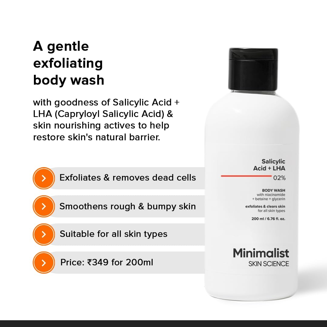 Minimalist 2% Salicylic Acid + LHA Body Wash | Gentle Exfoliating Bodywash for Body Acne, Un-even, Rough & Bumpy Skin | Sulphate (SLS), Dye, & Fragrance Free | Shower Gel for Women & Men | 200 ml 2