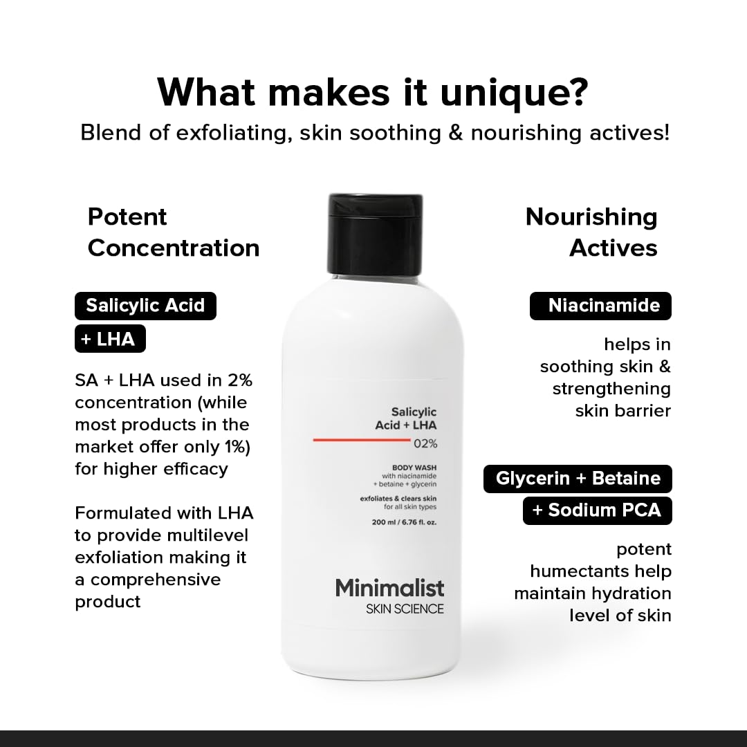 Minimalist 2% Salicylic Acid + LHA Body Wash | Gentle Exfoliating Bodywash for Body Acne, Un-even, Rough & Bumpy Skin | Sulphate (SLS), Dye, & Fragrance Free | Shower Gel for Women & Men | 200 ml 5