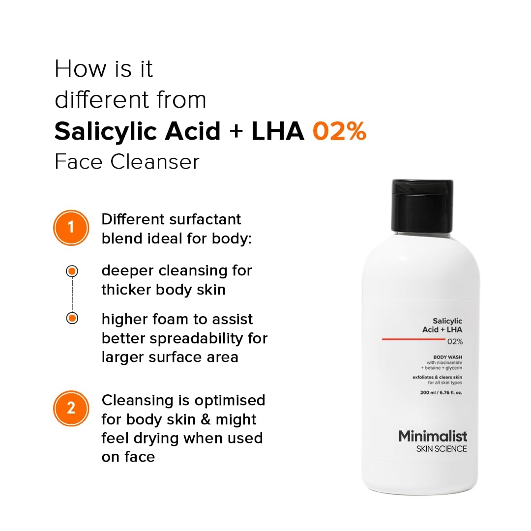 Minimalist 2% Salicylic Acid + LHA Body Wash | Gentle Exfoliating Bodywash for Body Acne, Un-even, Rough & Bumpy Skin | Sulphate (SLS), Dye, & Fragrance Free | Shower Gel for Women & Men | 200 ml 6