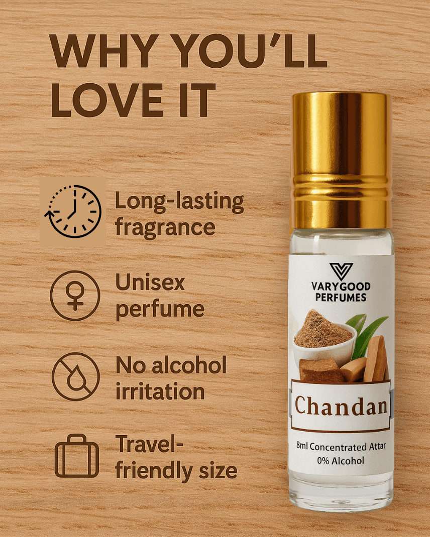 VaryGood Attar Combo Pack of 4 – Rose, Chandan, Jasmine & Lavender | 8ml Each | Alcohol-Free Roll-On Perfume for Men & Women 1
