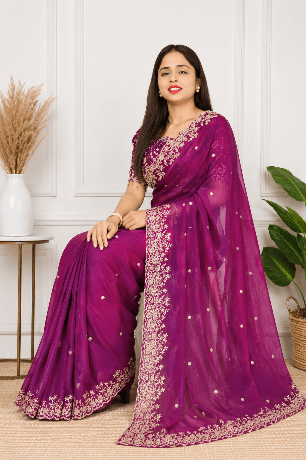 Embroidered Bollywood Chiffon Saree Purples 2