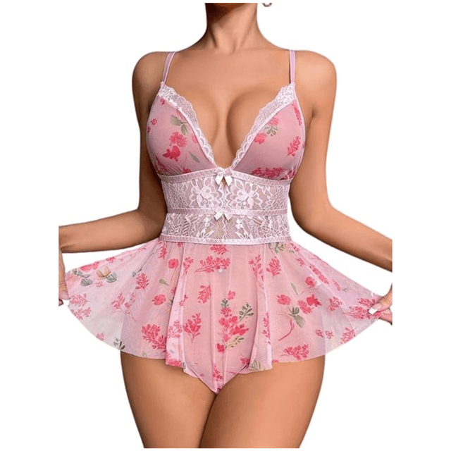 Daisy Lace Babydoll Nightwear - Women's Floral Chemise One-Piece with Lace Babydoll Lingerie Mesh Wedding Nightie Bridal Dress Honeymoon Valentine Nightdress Free Size Pink Color
