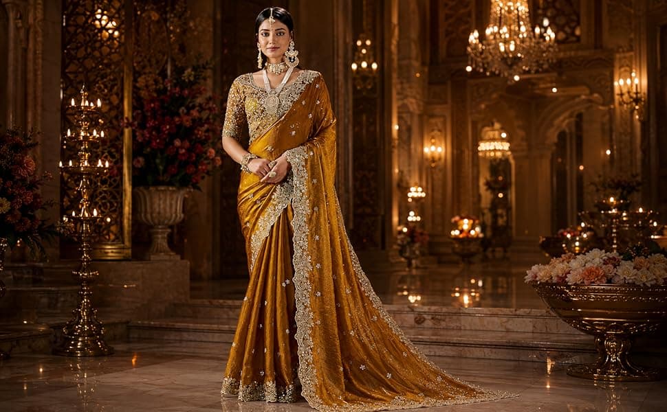 Women's Silk Saree with Embroidered Blouse Piece, Traditional Parte Wear with Gold Border and Hand Work 6