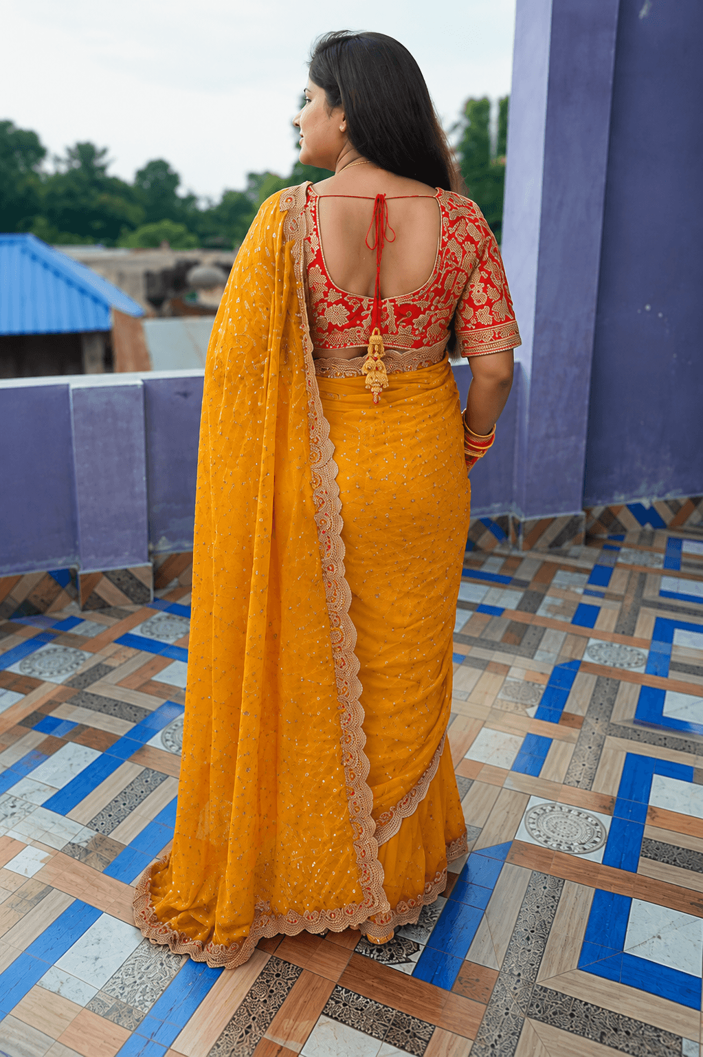 Shivshakti Collection Designer Yellow Embroidered Saree with Red Blouse 2