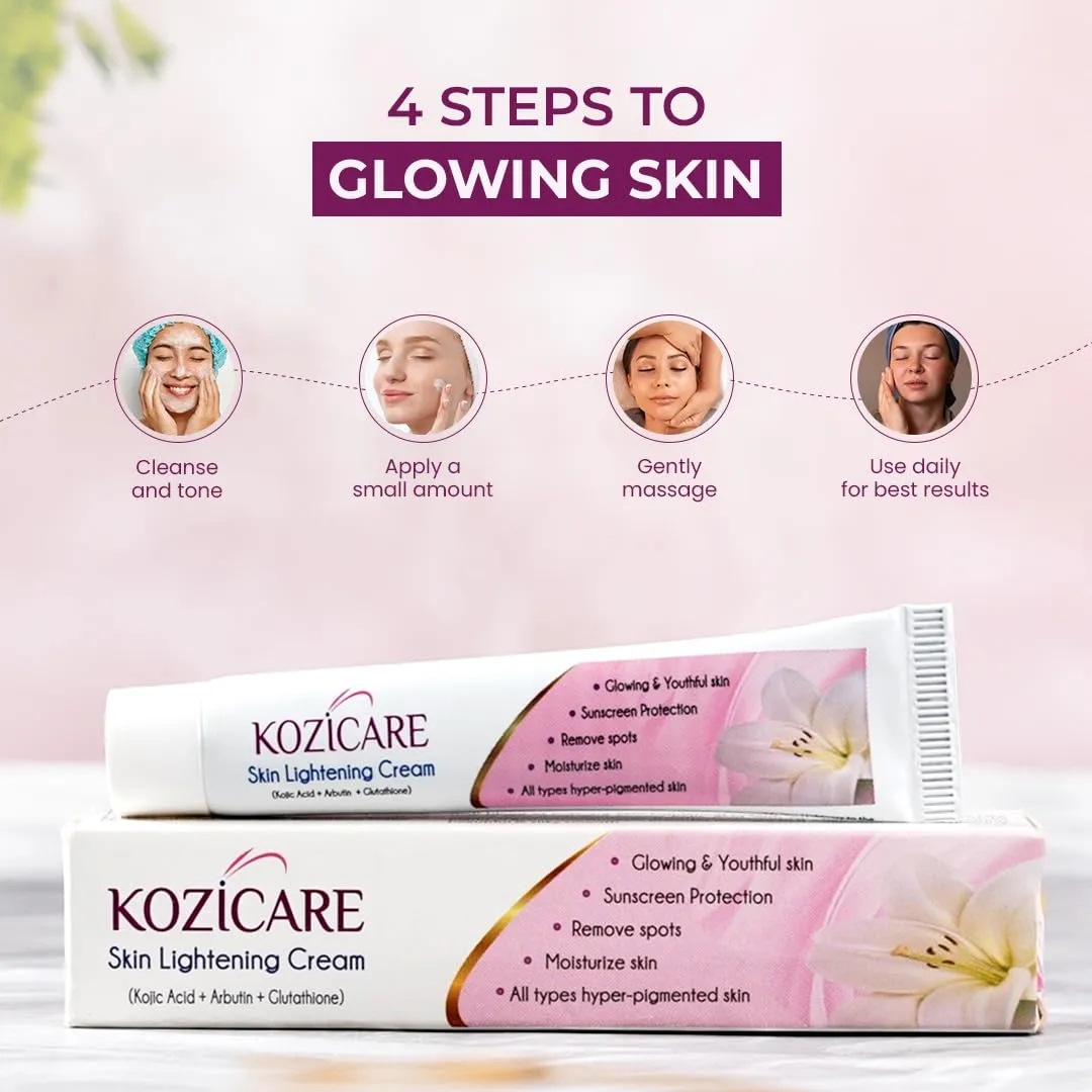 Kozicare Skin Lightening Non-Sticky Cream Lotion | Enriched with 3% Kojic Acid, 1% Alpha Arbutin, 1% Glutathione, 2% Niacinamide, 2% Vitamin C | Best for Melasma, Pigmentation, Dark/Age Spots, Uneven Skin Shade - 15gm 4