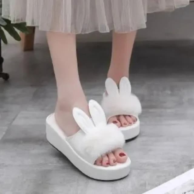 2023 Summer Hairy Cute Rabbit Fur Slippers Women Thick Soled Outdoor Flat Platform Sandals - Fashion |