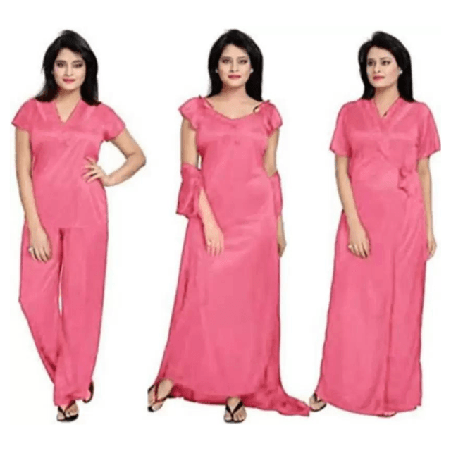Silk Bridal Nightgown Set Stylish Fancy Bridal Nighty Set For Women Free Size Pink Color