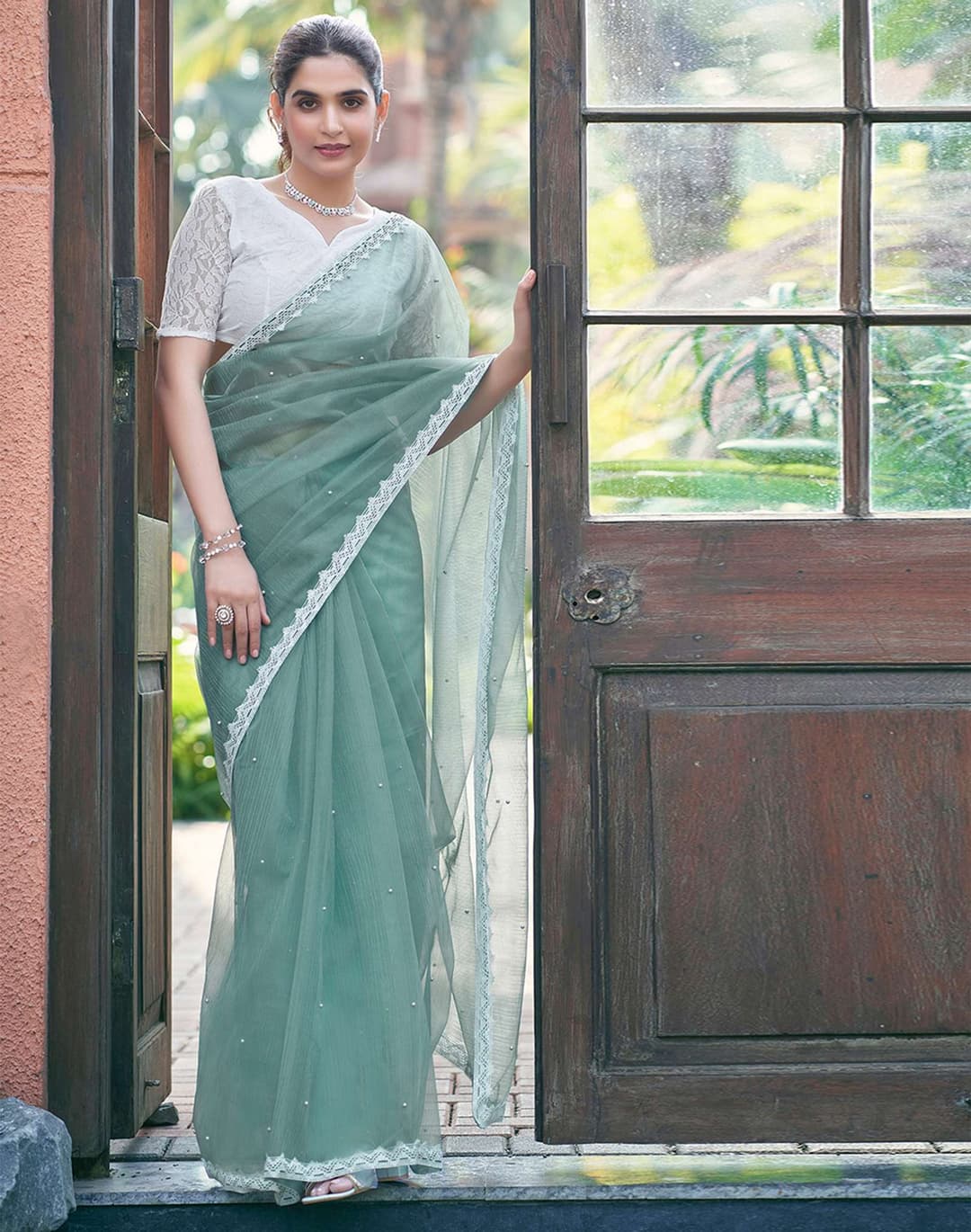 Awafu Embellished Bollywood Net Saree (Blue) 1