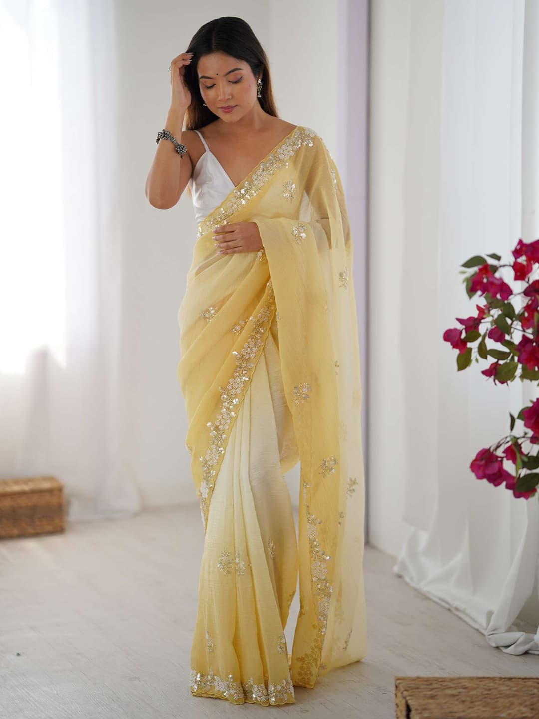 ANOUK Embellished Bollywood Chiffon Saree (Yellow) 4