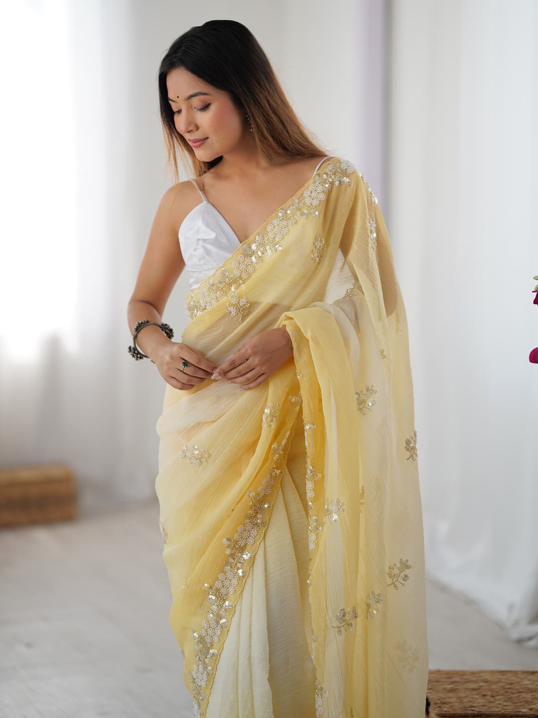 ANOUK Embellished Bollywood Chiffon Saree (Yellow) 1
