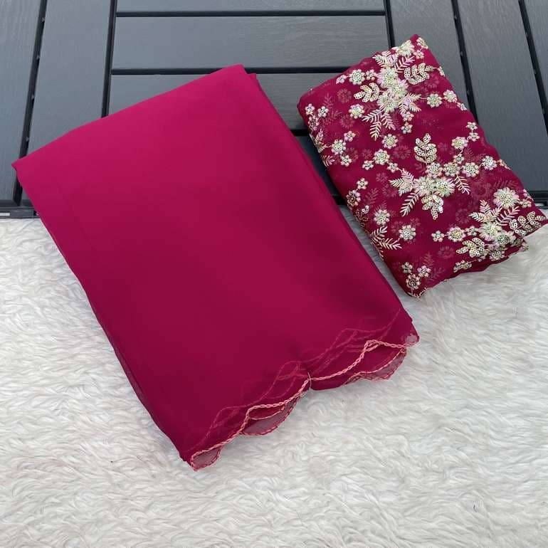 Awafu Embroidered Bollywood Georgette Saree With Blouse( Pink ) 5