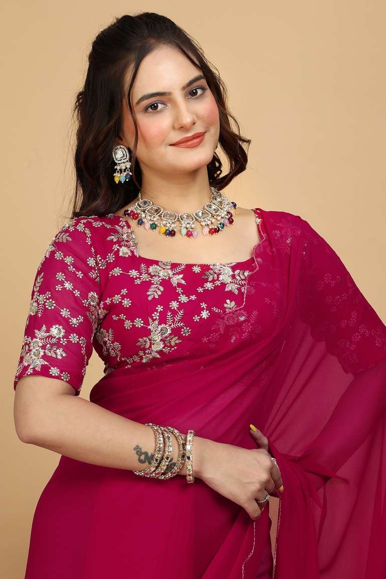 Awafu Embroidered Bollywood Georgette Saree With Blouse( Pink ) 1