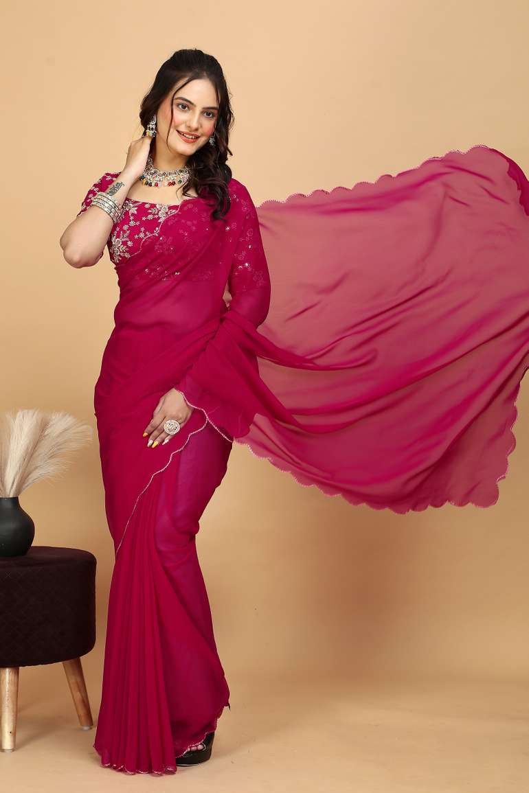 Awafu Embroidered Bollywood Georgette Saree With Blouse( Pink ) 4