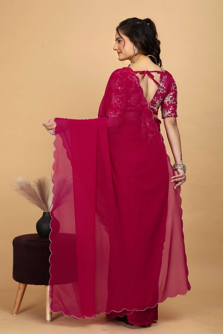 Awafu Embroidered Bollywood Georgette Saree With Blouse( Pink ) 5