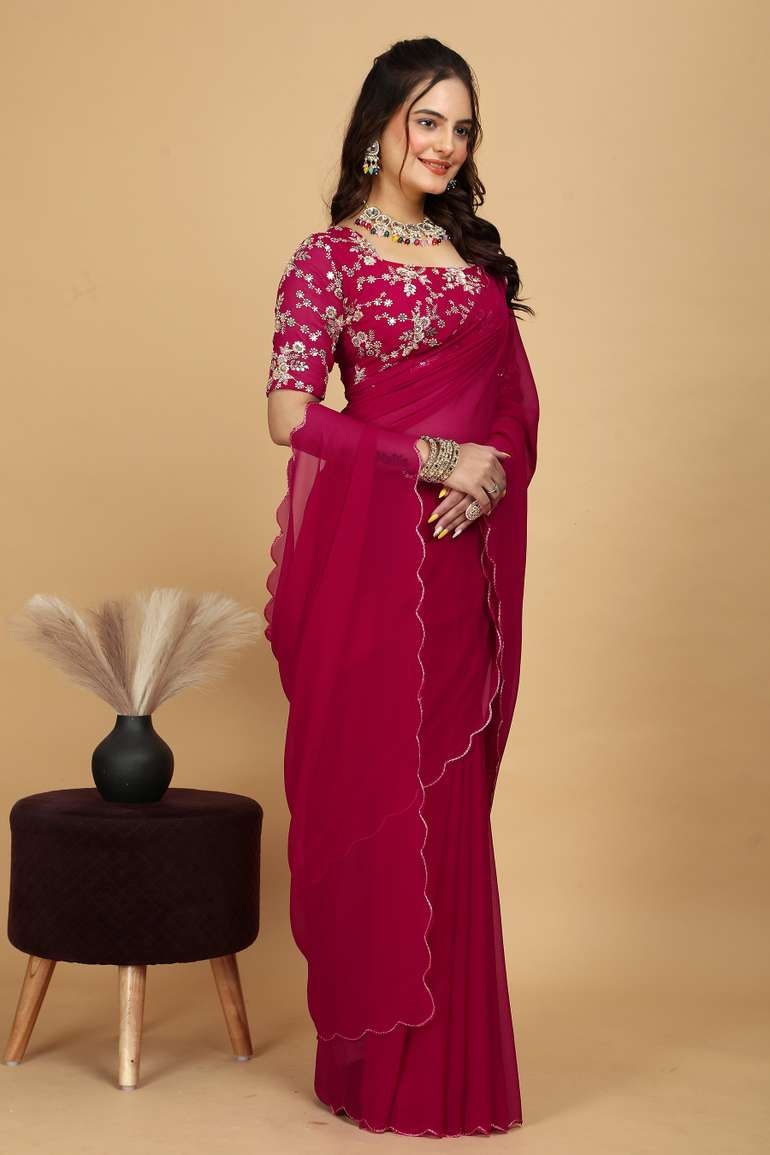 Awafu Embroidered Bollywood Georgette Saree With Blouse( Pink ) 3