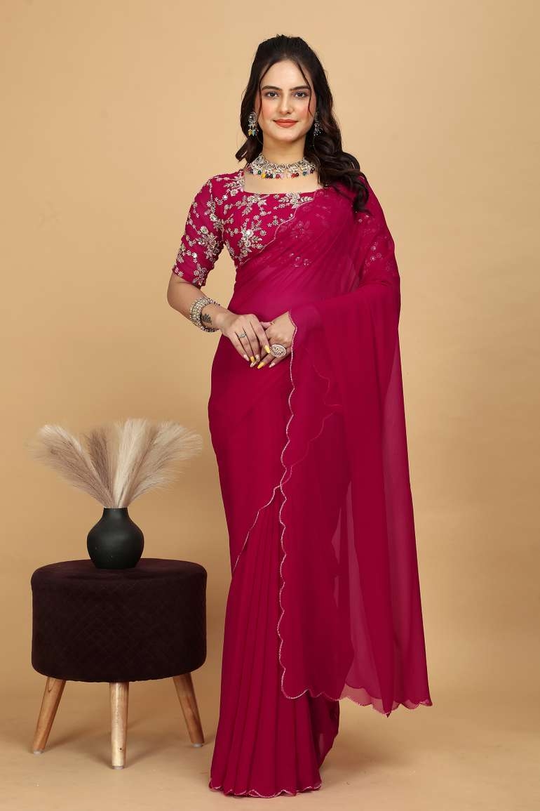 Awafu Embroidered Bollywood Georgette Saree With Blouse( Pink ) 2